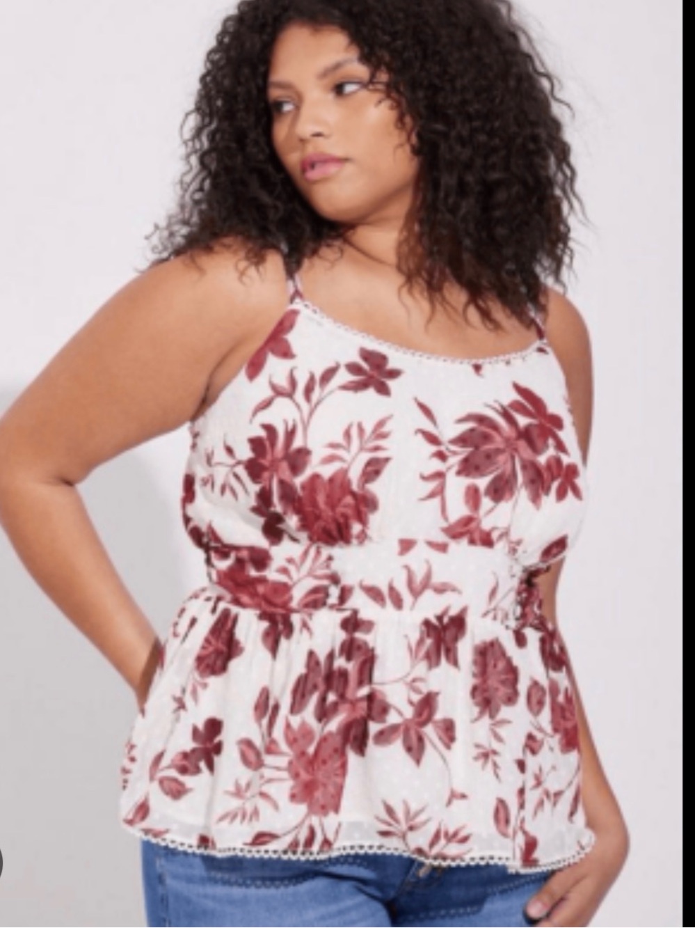 torrid White Camisole with Rose Floral Print and Lace Trim